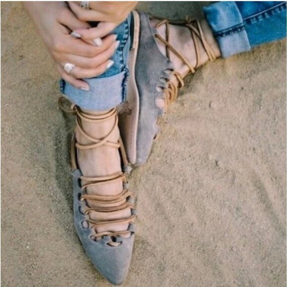 Freebird Enya Lace Up Flat Women 9 Beige Leather Boho Ankle Tie Pointed Toe Shoe - Picture 3 of 15